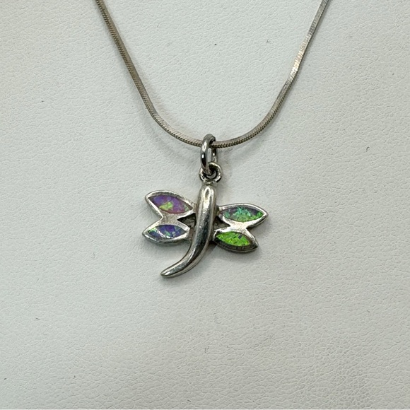 Sterling silver dragonfly necklace with opal inlay wings whimsical art nouveau - Picture 6 of 9